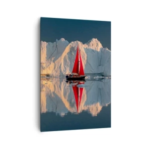 Bild auf Leinwand - Leinwandbild - Ein Segelboot mit rotem Segel vor der Kulisse eines Gletschers - 70x100cm - Am Rande der Welt - Moderne Wanddekoration für Wohnzimmer und Schlafzimmer ARTTOR