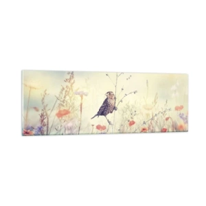 Glasbild - Bild auf glas - Vogelporträt mit einer Wiese im Hintergrund - 90x30 cm