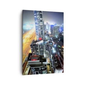 Bild auf Leinwand - Leinwandbild - Panorama der nächtlichen Stadt mit beleuchteten Wolkenkratzern - 50x70cm - Ein Wunder in der Wüste - Moderne Wanddekoration für Wohnzimmer und Schlafzimmer ARTTOR