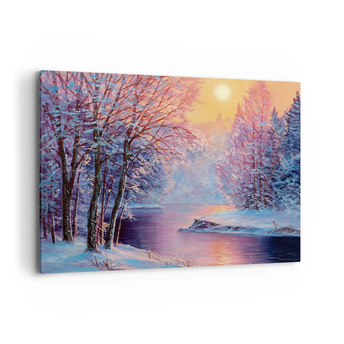 Bild auf Leinwand - Leinwandbild - Winterlandschaft mit Fluss und Bäumen bei Sonnenaufgang - 120x80cm - Die Farben des Winters - Moderne Wanddekoration für Wohnzimmer und Schlafzimmer ARTTOR