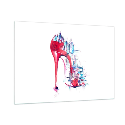 Glasbild - Bild auf glas - Roter Stiletto mit urbanem Architekturmotiv - 100x70cm - Ein Großstadt-Dandy - Moderne Wanddekoration für Wohnzimmer und Schlafzimmer ARTTOR