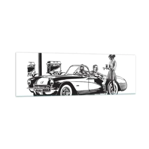 Glasbild - Bild auf glas - Eine schwarz-weiße Retro-Szene mit einem Auto und einer Kellnerin auf Rollschuhen. - 160x50cm - 60. - unbeschwertes Amerika - Moderne Wanddekoration für Wohnzimmer und Schlafzimmer ARTTOR