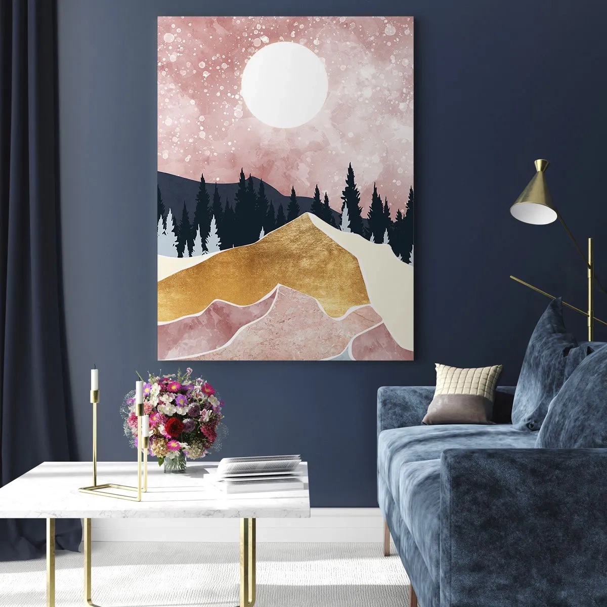 Glasbild - Bild auf glas - Bunte Berge vor einem rosa Himmel mit einem Mond - 80x120cm - Nachtwache - Moderne Wanddekoration für Wohnzimmer und Schlafzimmer ARTTOR