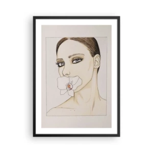 Poster in einem schwarzem Rahmen - Porträt einer Frau mit einer Orchidee auf den Lippen - 50x70cm - Ein Symbol für Eleganz und Schönheit - Moderne Wanddekoration für Wohnzimmer und Schlafzimmer ARTTOR