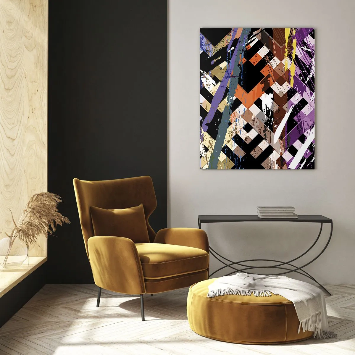Glasbild - Bild auf glas - Abstrakte Komposition mit farbigen Linien auf schwarzem Hintergrund - 70x100cm - Quadriert - Moderne Wanddekoration für Wohnzimmer und Schlafzimmer ARTTOR