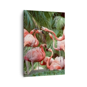 Bild auf Leinwand - Leinwandbild - Eine Gruppe von Flamingos in einer tropischen Umgebung, umgeben von Palmen - 70x100cm - Nachmittagsklatsch - Moderne Wanddekoration für Wohnzimmer und Schlafzimmer ARTTOR
