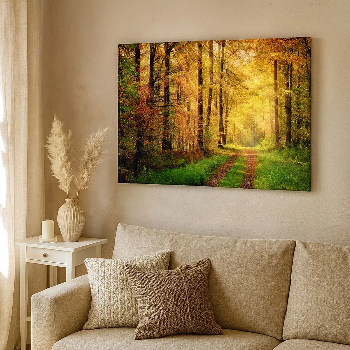 Bild auf Leinwand - Leinwandbild - Ein Waldweg, umgeben von goldenen und grünen Bäumen - 70x50cm - Waldgoldene Stille - Moderne Wanddekoration für Wohnzimmer und Schlafzimmer ARTTOR