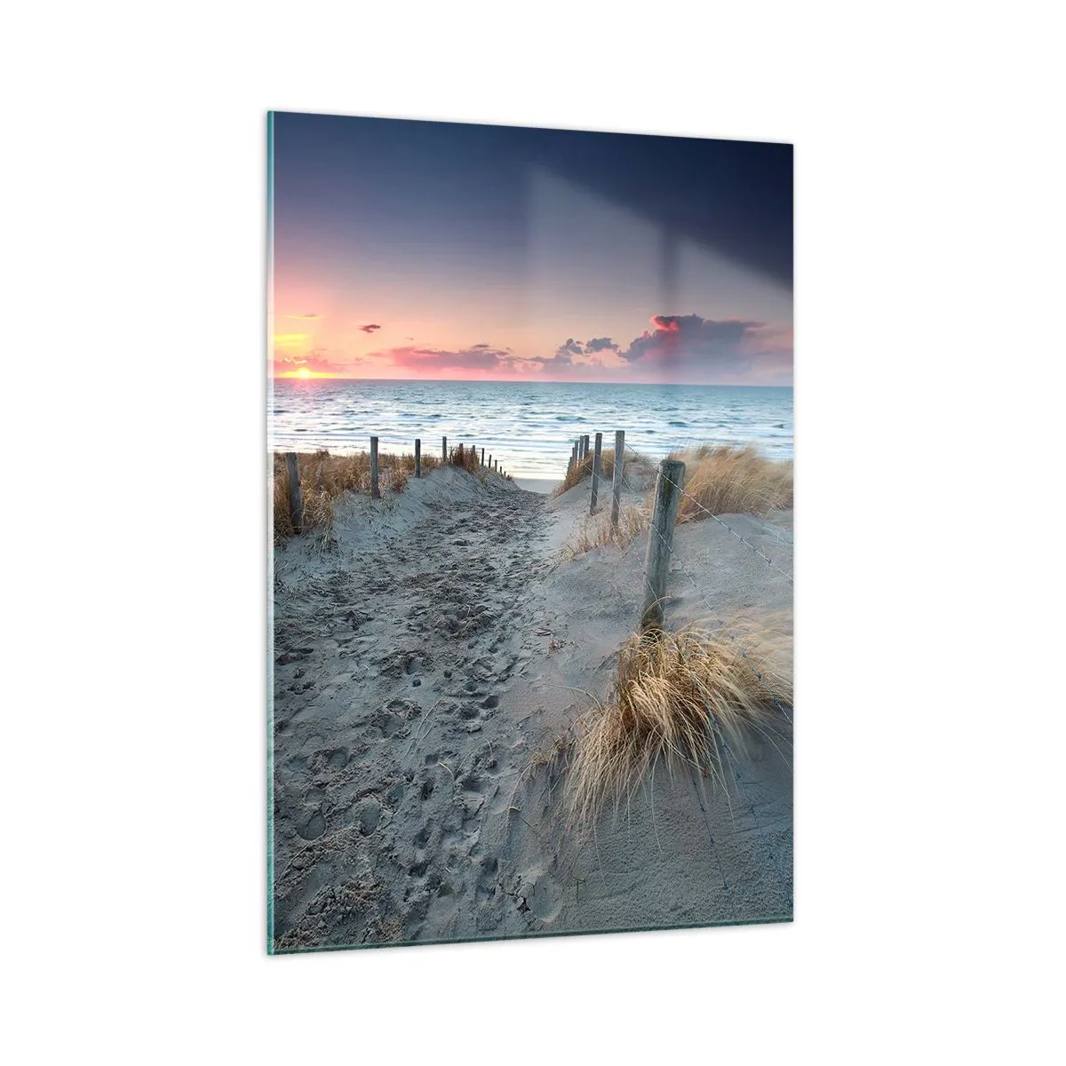 Glasbild - Bild auf glas - Weg durch die Dünen, der bei Sonnenuntergang zum Meer führt - 50x70cm - Du hast einen Regenbogen aus strahlendem Licht verschüttet ... - Moderne Wanddekoration für Wohnzimmer und Schlafzimmer ARTTOR