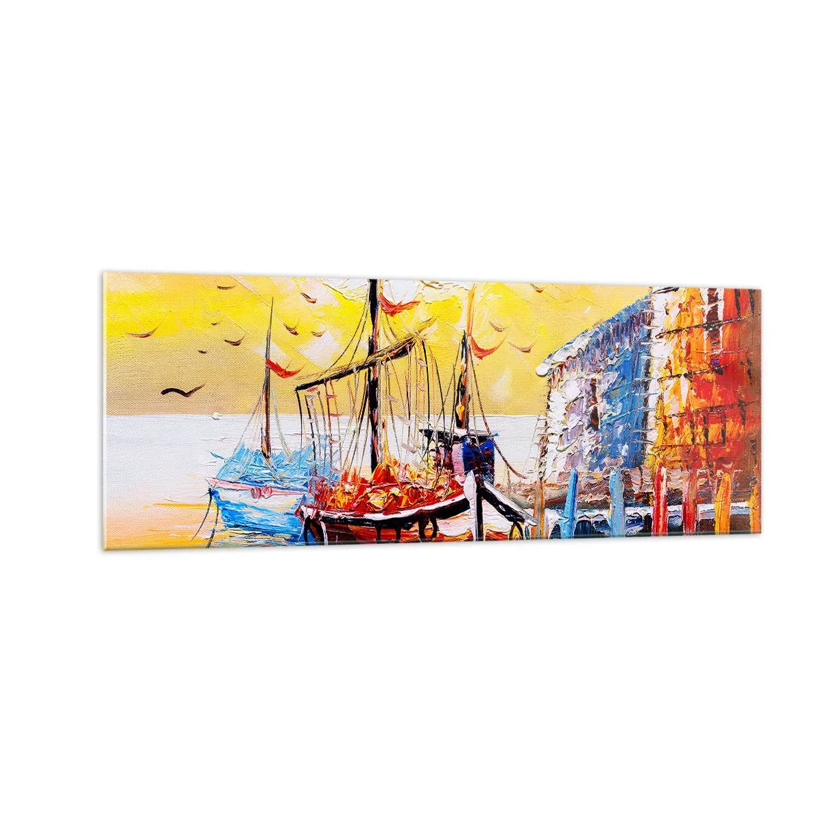 Glasbild - Bild auf glas - Malerischer Hafen bei Sonnenuntergang mit Fischerbooten - 140x50cm - Glückliche Rückkehr - Moderne Wanddekoration für Wohnzimmer und Schlafzimmer ARTTOR
