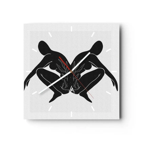 Wanduhr - Glasuhr - Schwarze Silhouetten in symmetrischer Position auf weißem Hintergrund - 30x30cm - Gemeinsame Seele - Moderne Wanddekoration für Wohnzimmer und Schlafzimmer ARTTOR