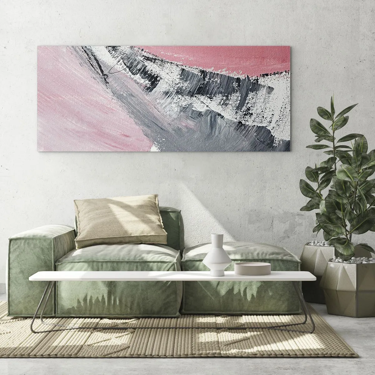 Glasbild - Bild auf glas - Eine abstrakte Komposition in Rosa- und Grautönen. - 140x50cm - Passende Komposition - Moderne Wanddekoration für Wohnzimmer und Schlafzimmer ARTTOR