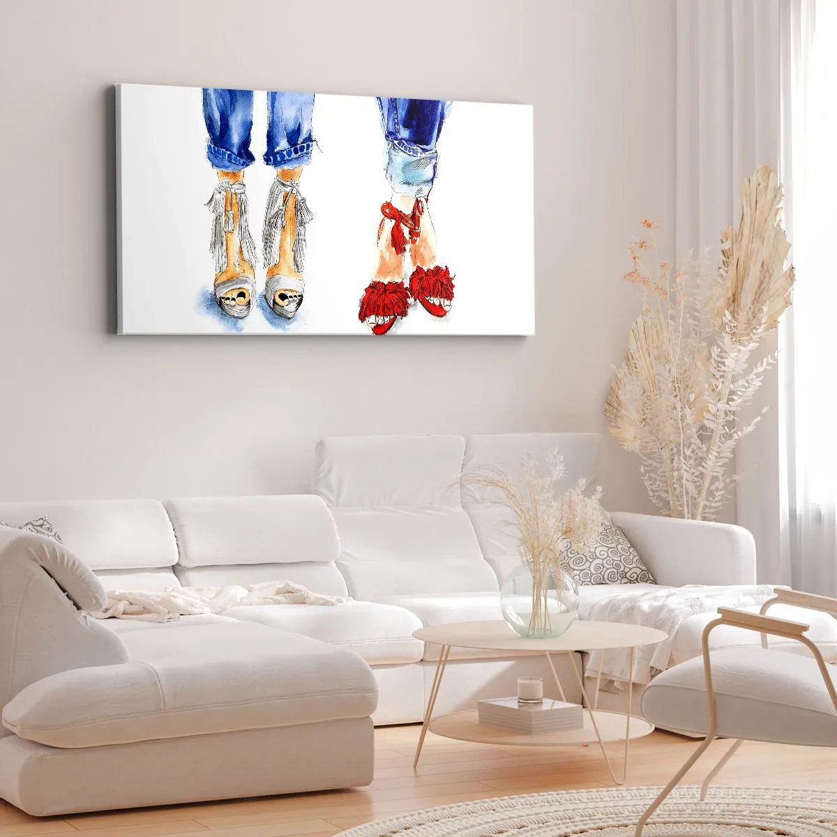 Bild auf Leinwand - Leinwandbild - Abbildung von zwei Paar Schuhen in stylischen Sandalen und Jeans - 140x50cm - Vielleicht gehen wir spazieren? - Moderne Wanddekoration für Wohnzimmer und Schlafzimmer ARTTOR