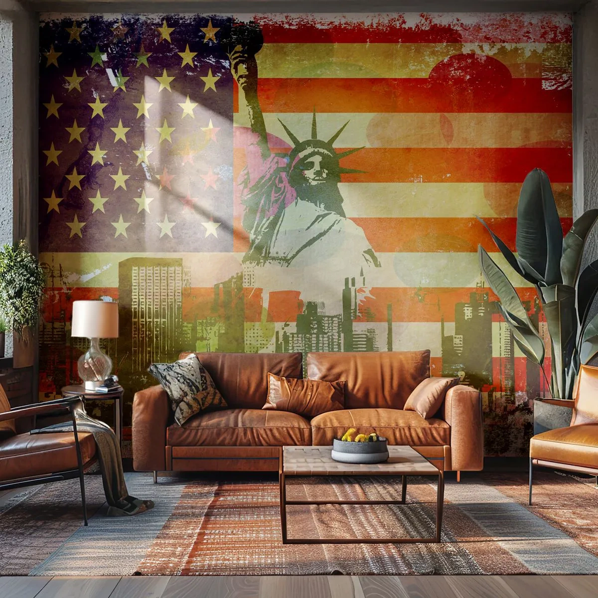 Fototapete Premium Sand - Die Freiheitsstatue und die US-Flagge im künstlerischen Stil - 100x70cm - Viva Amerika! - Moderne Wanddekoration für Wohnzimmer und Schlafzimmer ARTTOR