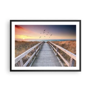 Poster in einem schwarzem Rahmen - Holzsteg zum Strand bei Sonnenuntergang - 70x50cm - Der Raum für Auffliegen - Moderne Wanddekoration für Wohnzimmer und Schlafzimmer ARTTOR