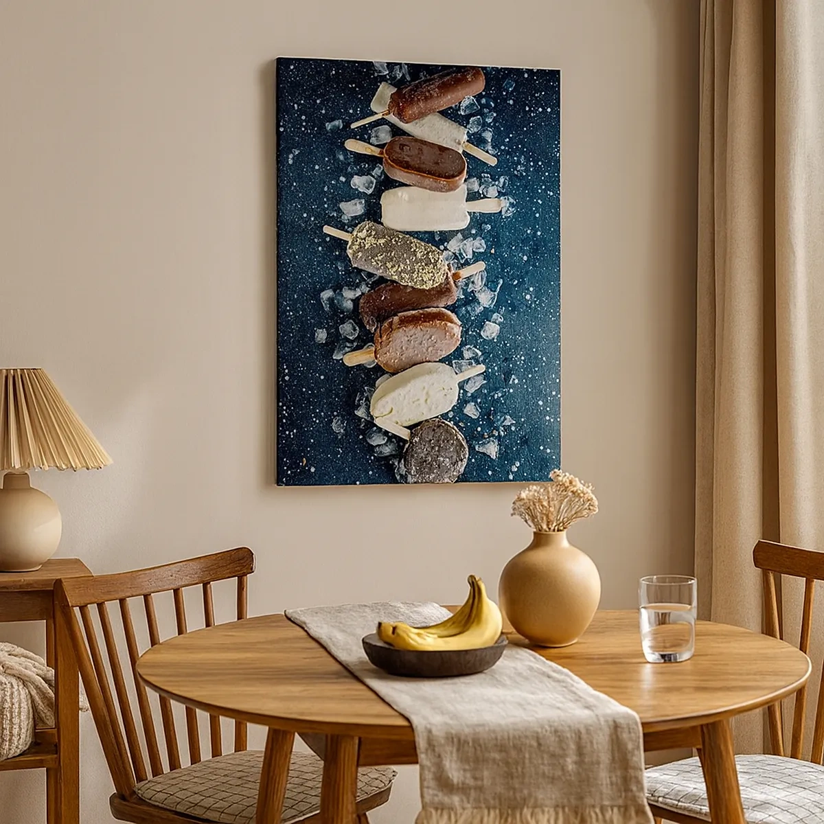 Bild auf Leinwand - Leinwandbild - Bunte Eislutscher auf Eis mit dunklem Hintergrund angeordnet - 50x70cm - Geschmack des heißen Sommers - Moderne Wanddekoration für Wohnzimmer und Schlafzimmer ARTTOR