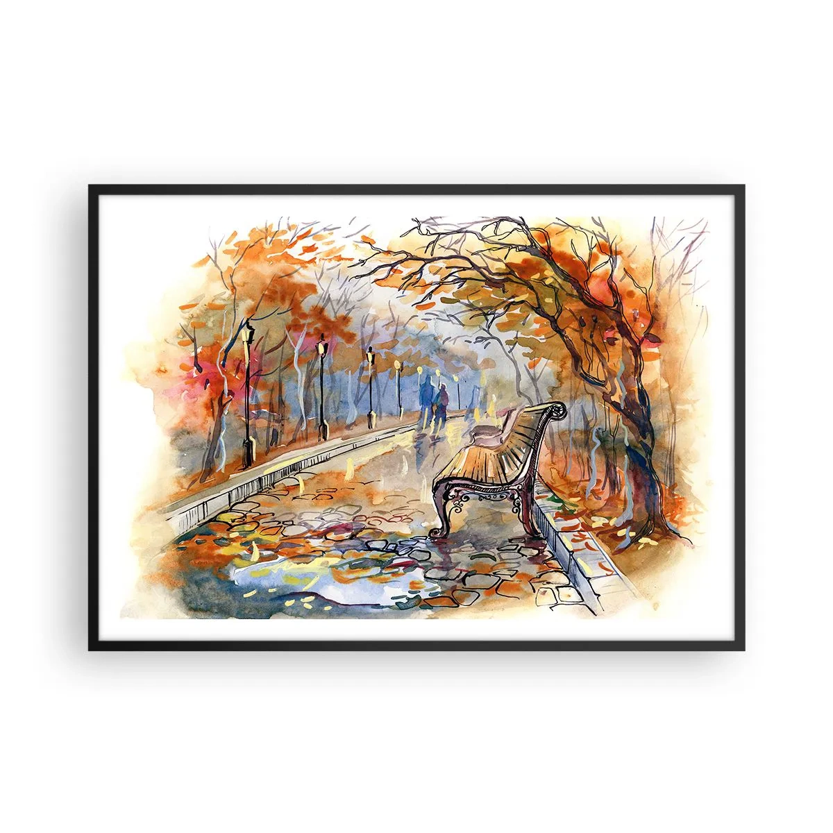 Poster in einem schwarzem Rahmen - Ein herbstlicher Park mit einer Bank in Aquarell - 100x70cm - Gemeinsam im Herbst wandern - Moderne Wanddekoration für Wohnzimmer und Schlafzimmer ARTTOR