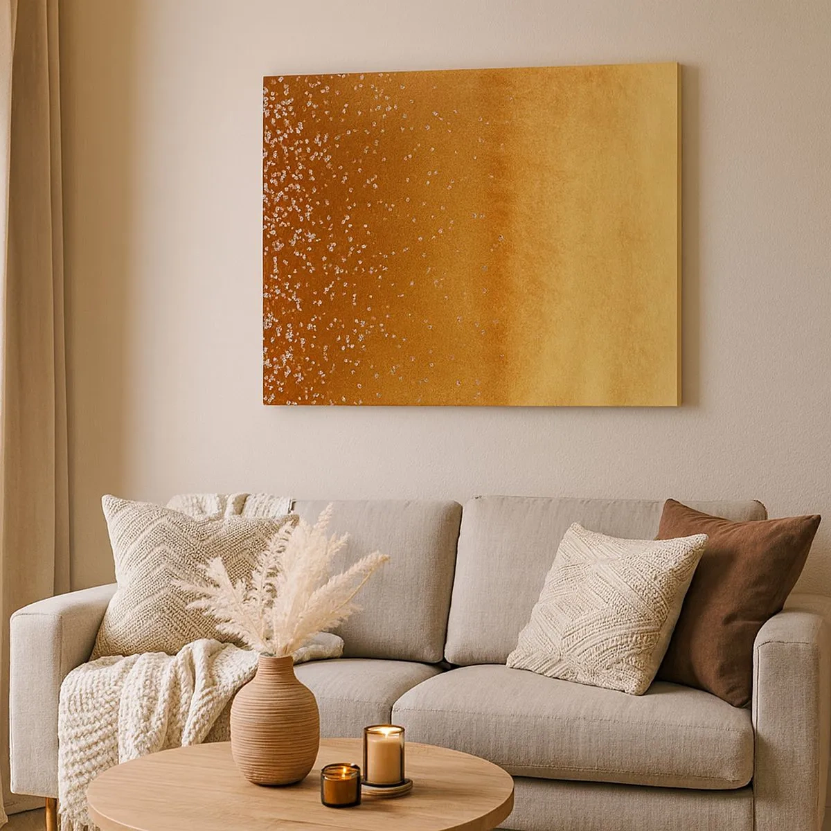Bild auf Leinwand - Leinwandbild - Ein goldener Farbverlauf mit dezentem Schimmer und Verzierung - 70x50cm - Die Geburt des Lichts - Moderne Wanddekoration für Wohnzimmer und Schlafzimmer ARTTOR