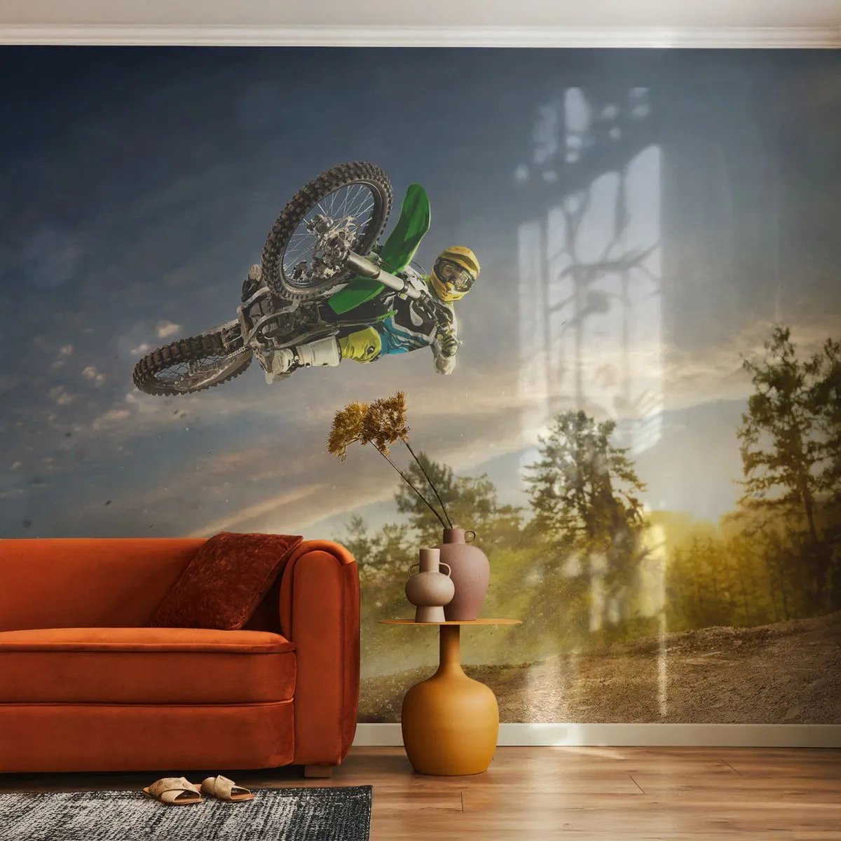 Fototapete Premium Sand - Motocross-Sprung in die Luft vor der Kulisse eines Sonnenuntergangs - 100x70cm - Schalten Sie Emotionen ein! - Moderne Wanddekoration für Wohnzimmer und Schlafzimmer ARTTOR