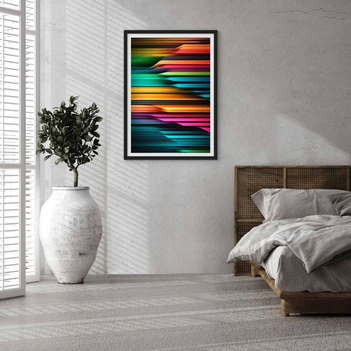 Poster in einem schwarzem Rahmen - Bunte Streifen im futuristischen Stil - 50x70cm - Lichtorgan - Moderne Wanddekoration für Wohnzimmer und Schlafzimmer ARTTOR