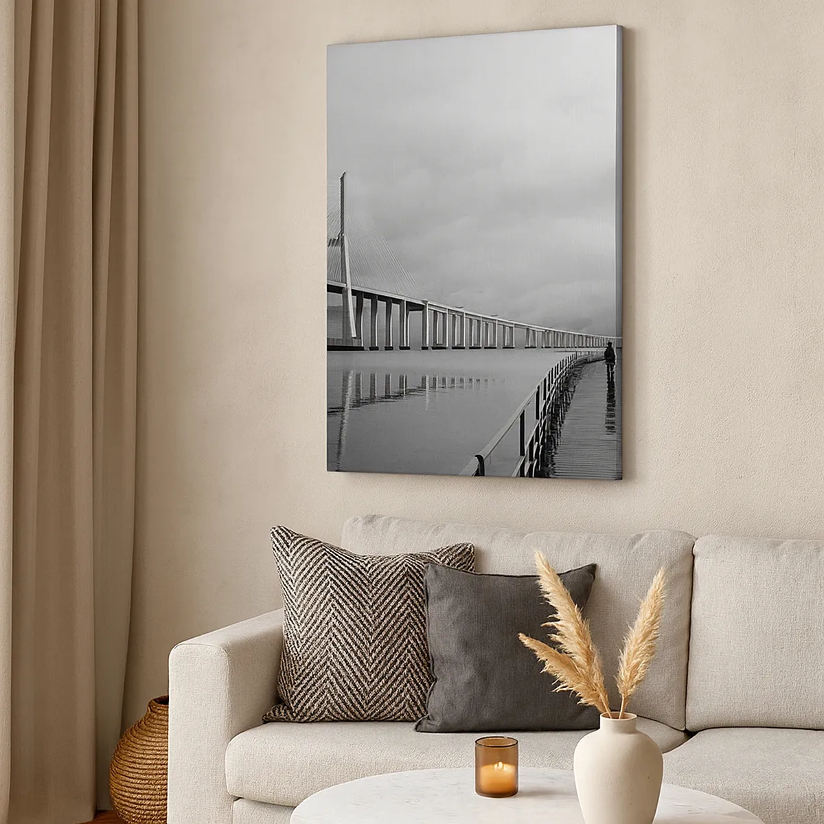Bild auf Leinwand - Leinwandbild - Eine Hängebrücke über dem Wasser in Schwarz und Weiß - 50x70cm - Jedem das Verdiente - Moderne Wanddekoration für Wohnzimmer und Schlafzimmer ARTTOR