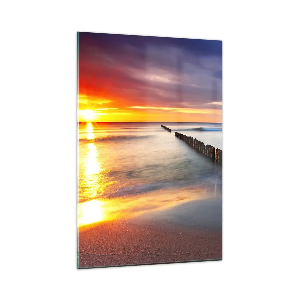 Glasbild - Bild auf glas - Sonnenuntergang über dem Meer mit einem Wellenbrecher im Vordergrund - 80x120cm - Lausche der Stille - Moderne Wanddekoration für Wohnzimmer und Schlafzimmer ARTTOR