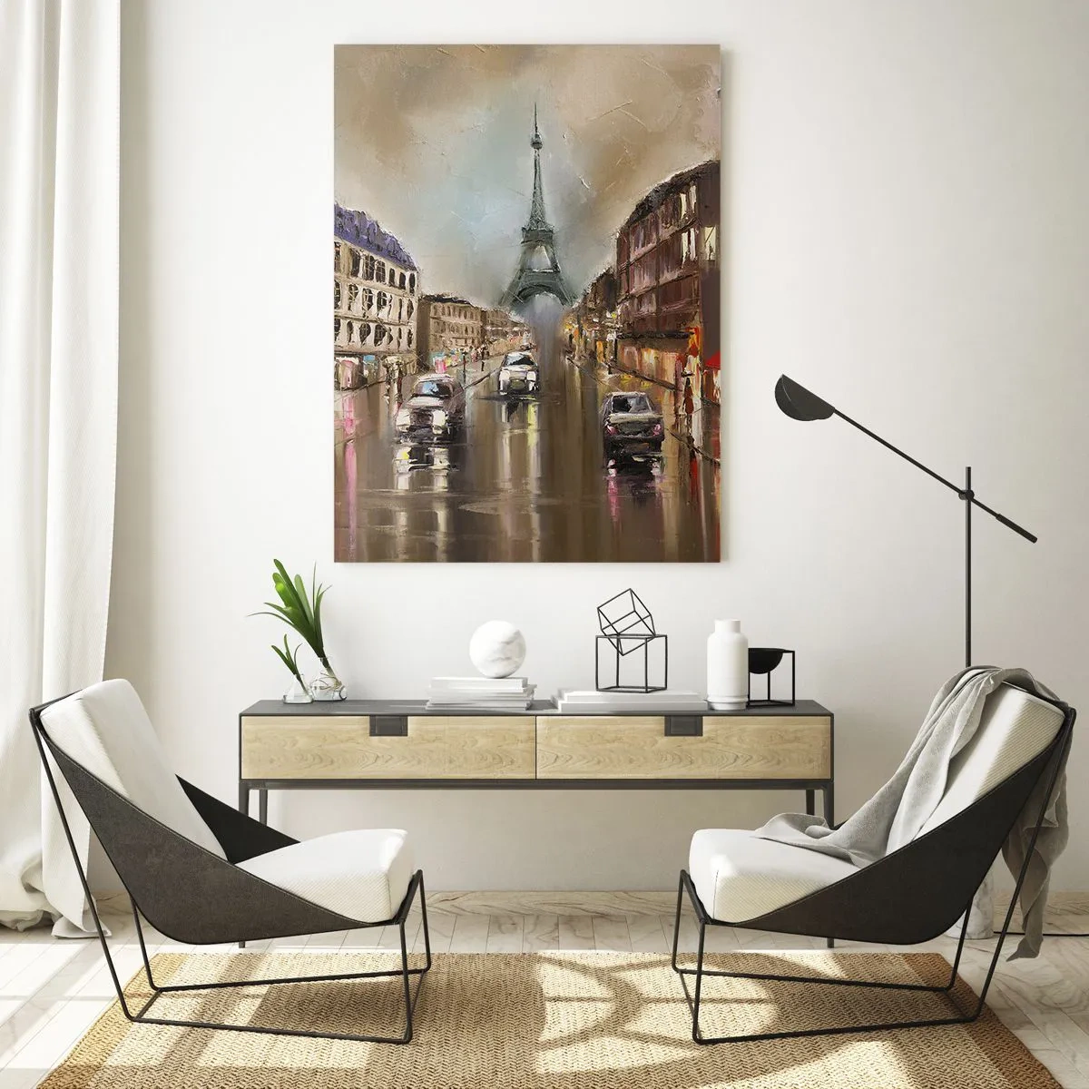 Glasbild - Bild auf glas - Abendliche Straße von Paris mit Blick auf den Eiffelturm - 50x70cm - Nur sie zählt - Moderne Wanddekoration für Wohnzimmer und Schlafzimmer ARTTOR
