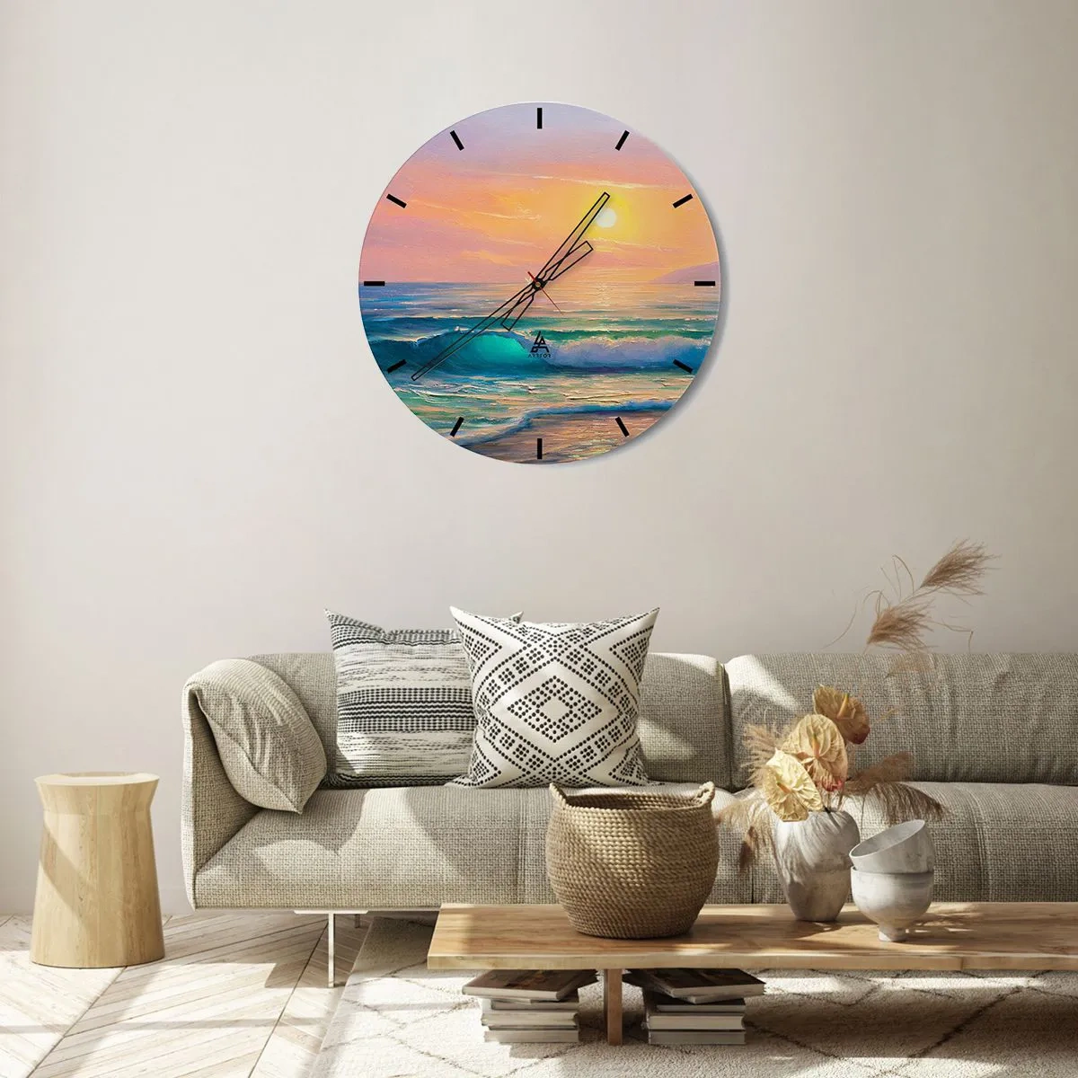 Wanduhr - Glasuhr - Ein malerischer Sonnenuntergang über einem ruhigen Ozean - 30x30cm - Ein türkisfarbenes Lied der Wellen - Moderne Wanddekoration für Wohnzimmer, Küche und Schlafzimmer ARTTOR
