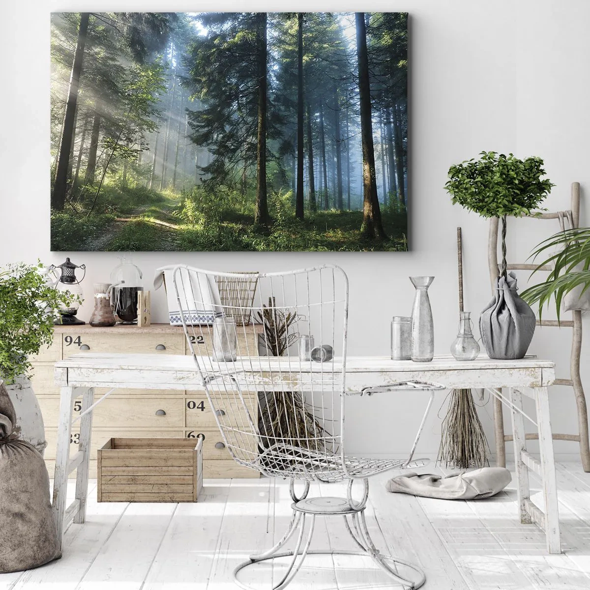 Bild auf Leinwand - Leinwandbild - Ein Waldweg, beleuchtet von den Strahlen der Morgensonne - 70x50cm - Strahlend am Morgen - Moderne Wanddekoration für Wohnzimmer und Schlafzimmer ARTTOR
