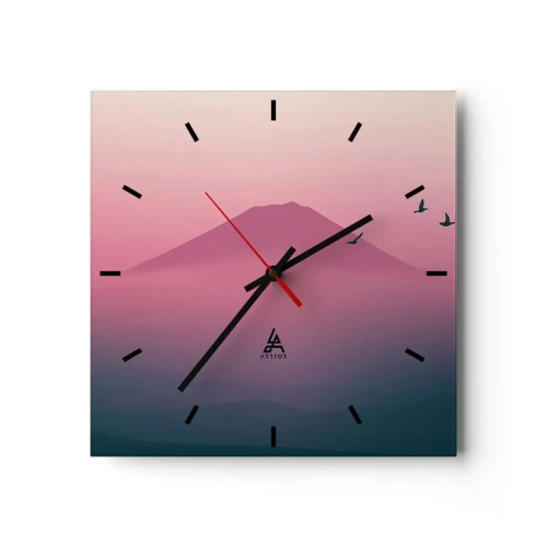 Wanduhr - Glasuhr - Eine minimalistische Landschaft mit einem Berg und Vögeln bei Sonnenaufgang - 30x30cm - Wanderer über den Wolken - Moderne Wanddekoration für Wohnzimmer und Schlafzimmer ARTTOR