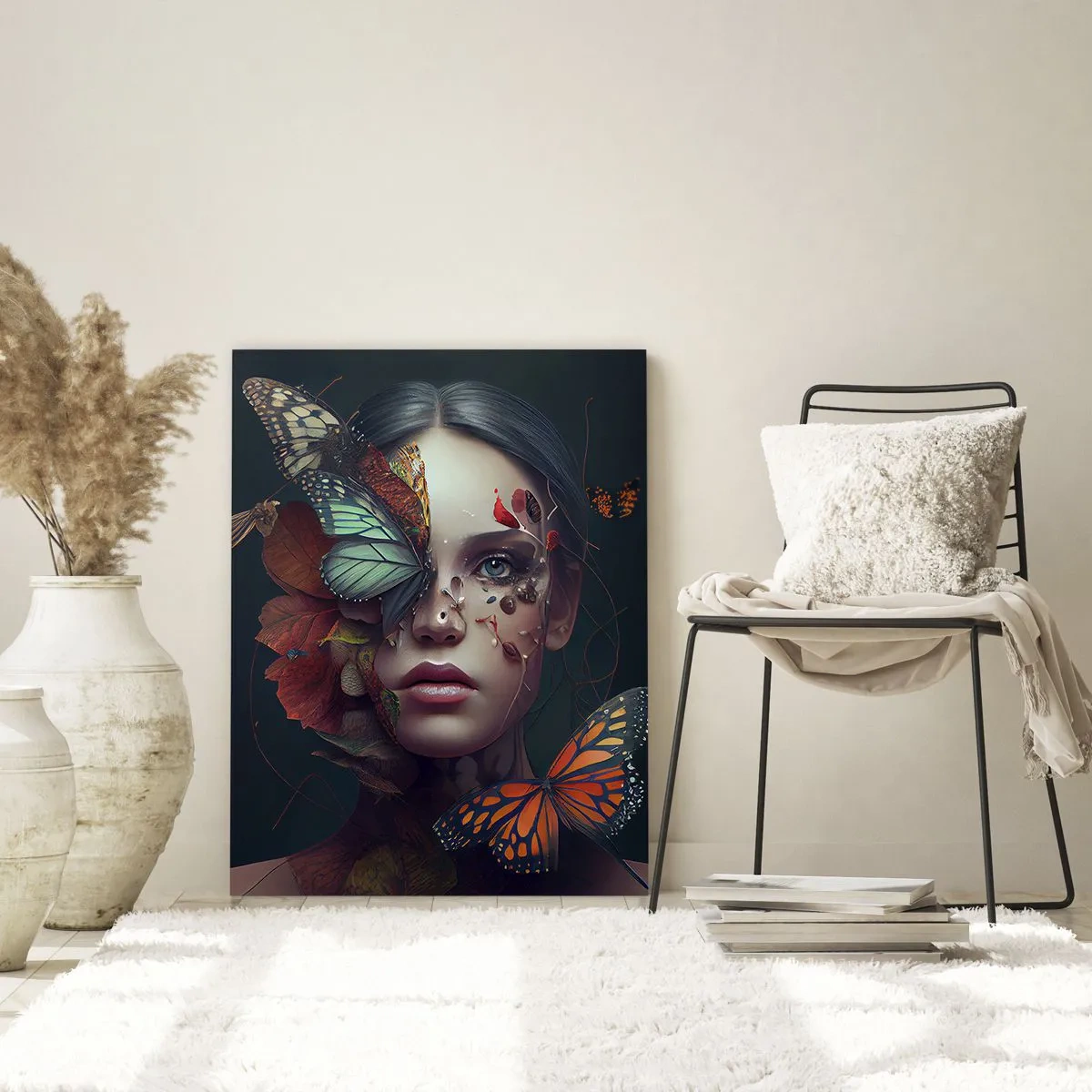 Glasbild - Bild auf glas - Ein Frauengesicht mit Schmetterlingen und Blättern in einer künstlerischen Komposition - 50x70cm - Wunderbare Metamorphose - Moderne Wanddekoration für Wohnzimmer und Schlafzimmer ARTTOR