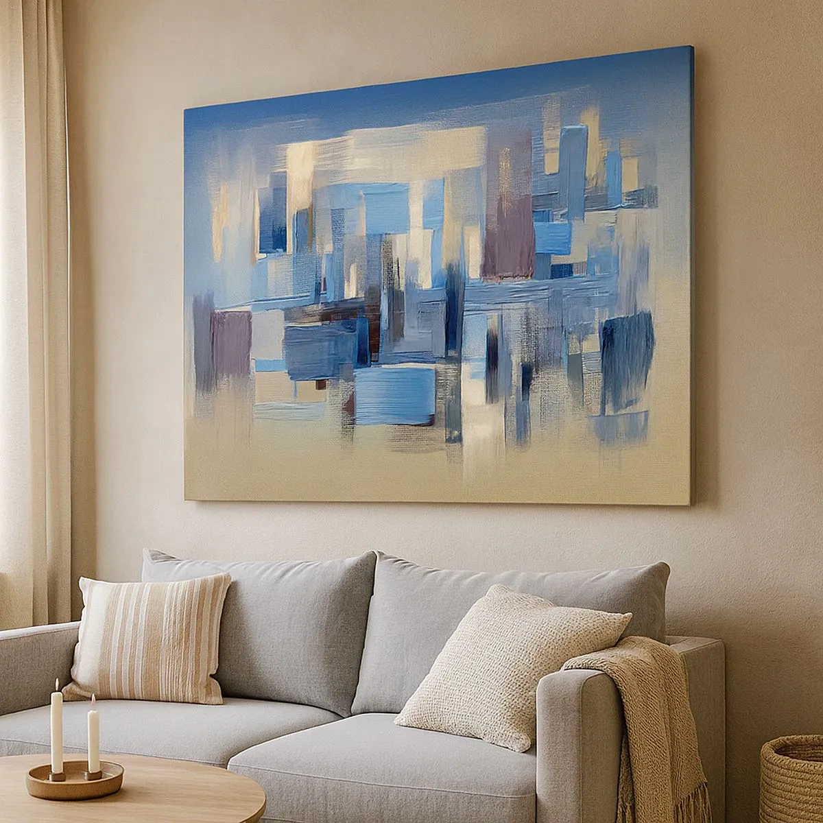 Bild auf Leinwand - Leinwandbild - Geometrische Formen in Blau- und Beigetönen - 70x50cm - Blaue Konstruktion - Moderne Wanddekoration für Wohnzimmer und Schlafzimmer ARTTOR