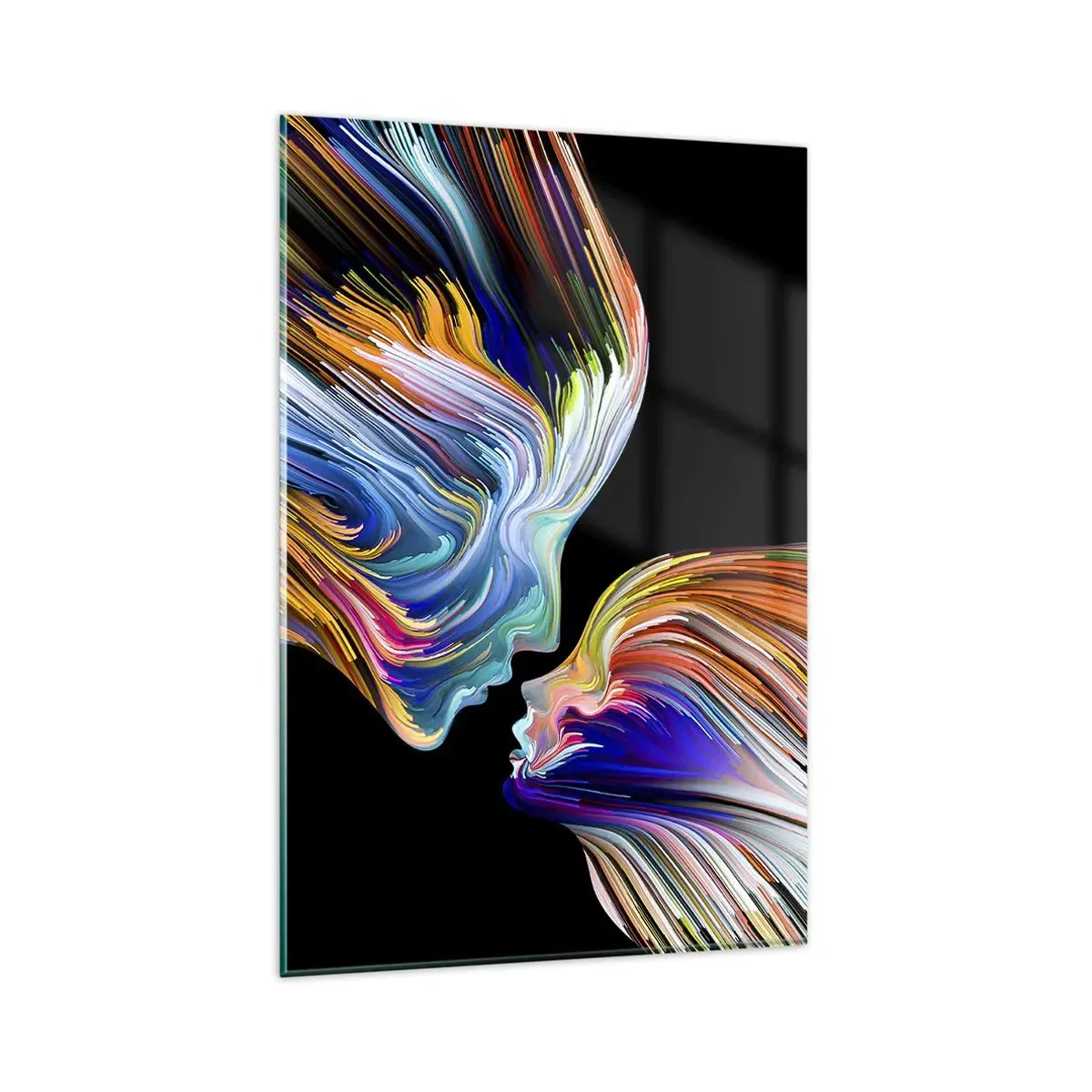 Glasbild - Bild auf glas - Bunte Silhouetten von Gesichtern in dynamischen Strömen auf schwarzem Hintergrund - 80x120cm - Eine Verschmelzung von Energie und Licht - Moderne Wanddekoration für Wohnzimmer und Schlafzimmer ARTTOR