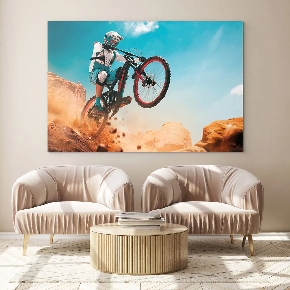 Glasbild - Bild auf glas - Dynamische Szene eines Radfahrers in Aktion auf felsigem Gelände - 100x70cm - Fahrrad-Wahnsinn-Dämon - Moderne Wanddekoration für Wohnzimmer und Schlafzimmer ARTTOR