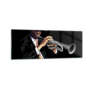Glasbild - Bild auf glas - Ein Musiker spielt Trompete vor schwarzem Hintergrund - 140x50cm - Charme der alten Schule - Moderne Wanddekoration für Wohnzimmer und Schlafzimmer ARTTOR