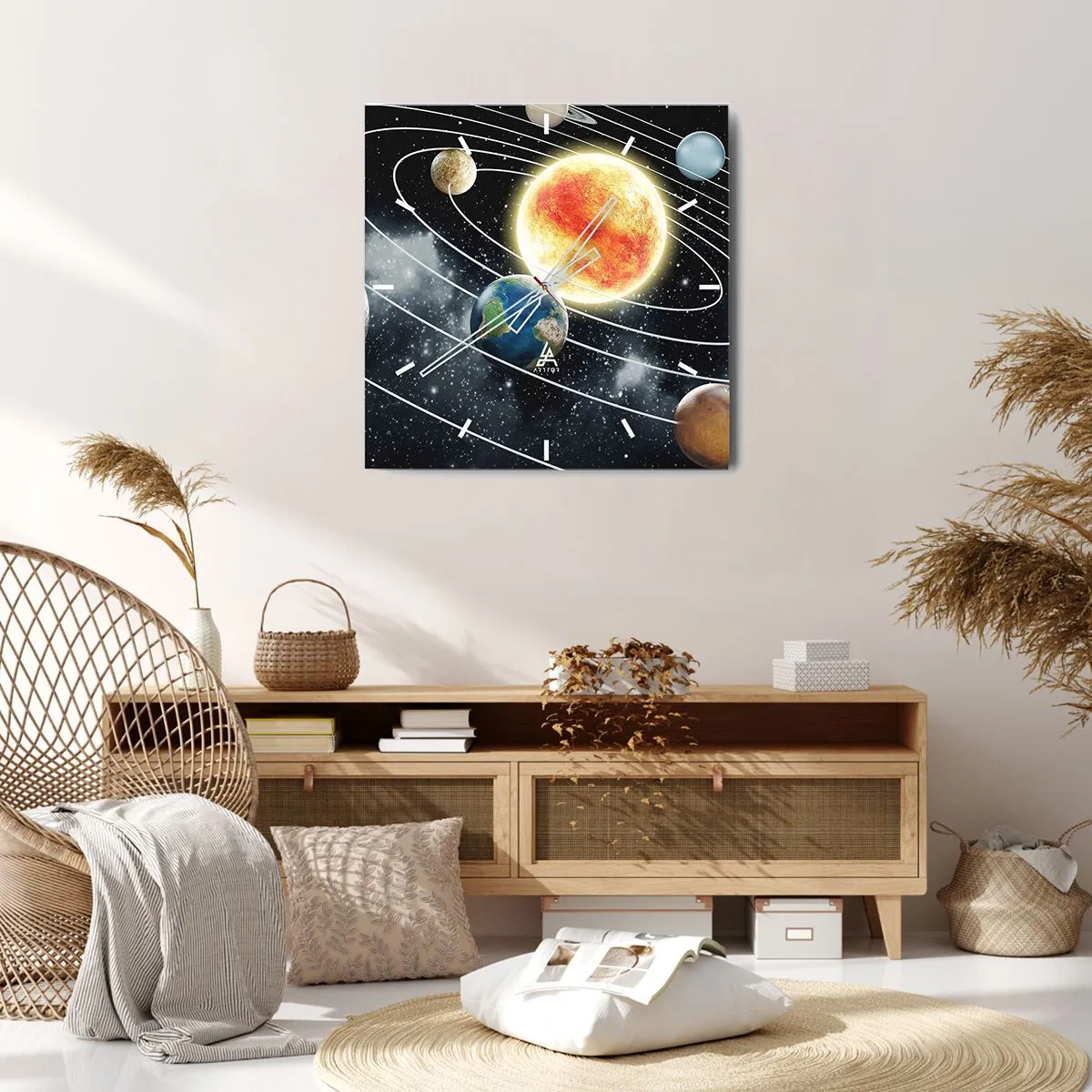 Wanduhr - Glasuhr - Sonnensystem mit Planeten und Sonne im Weltraum - 30x30cm - Kosmischer Tanz - Moderne Wanddekoration für Wohnzimmer und Schlafzimmer ARTTOR