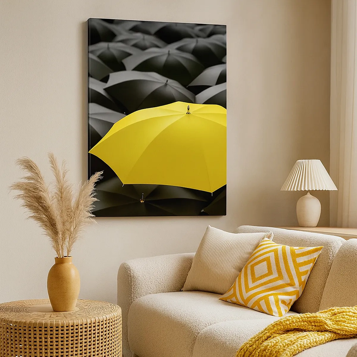 Bild auf Leinwand - Leinwandbild - Ein gelber Regenschirm zwischen schwarzen Regenschirmen - 50x70cm - Auf Wiedersehen Trauer - Moderne Wanddekoration für Wohnzimmer und Schlafzimmer ARTTOR