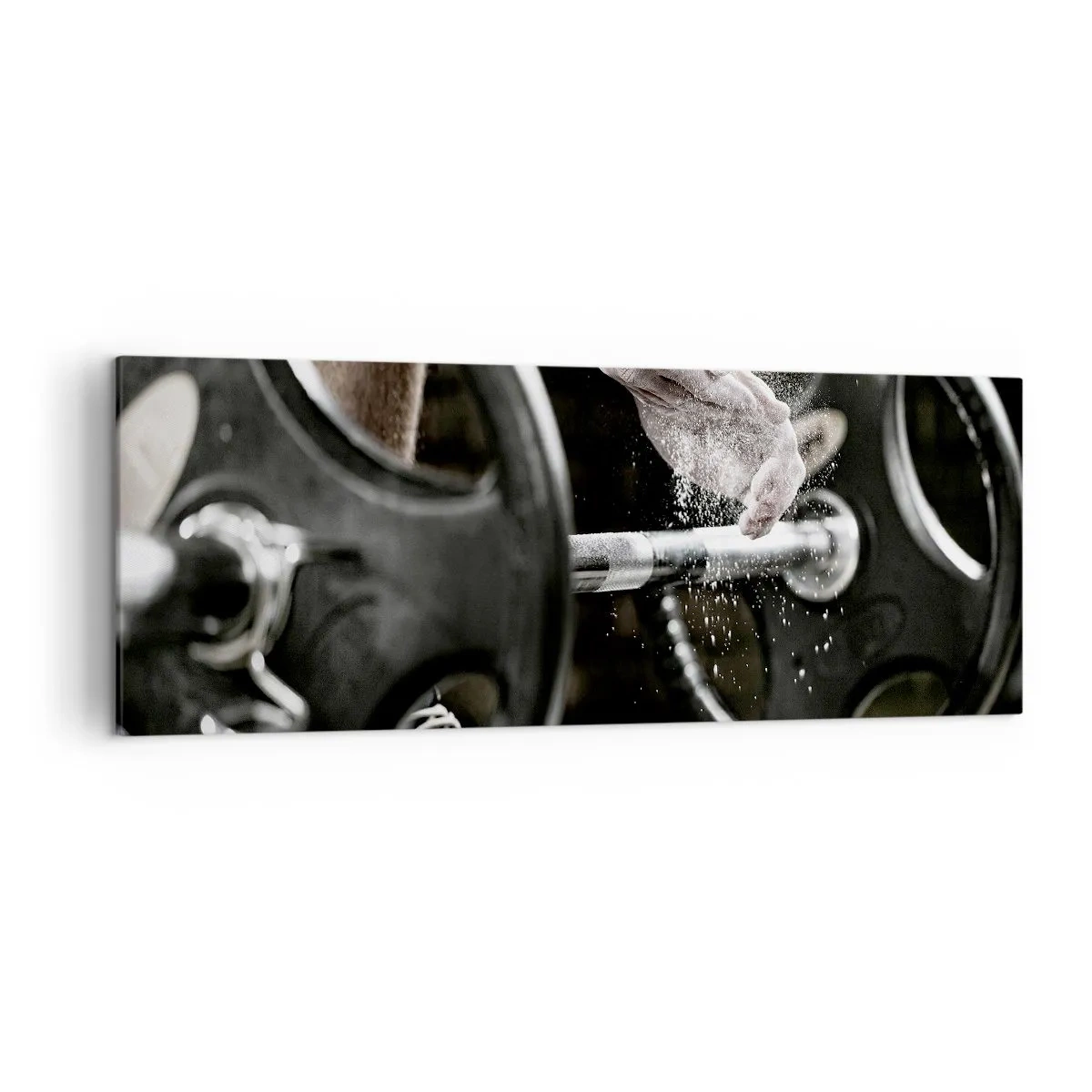 Bild auf Leinwand - Leinwandbild - Hanteln und die Hände eines Sportlers bereiten sich auf das Training vor - 140x50cm - Herausforderung angenommen! - Moderne Wanddekoration für Wohnzimmer und Schlafzimmer ARTTOR