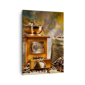Bild auf Leinwand - Leinwandbild - Kaffeemühle mit Bohnen und einer Tasse auf dem Hintergrund - 50x70cm - Das Knirschen der Körner, das Rasseln einer Mühle - Moderne Wanddekoration für Wohnzimmer und Schlafzimmer ARTTOR