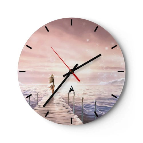 Wanduhr - Glasuhr - Eine Frau auf einem Pier in einer pastellfarbenen, zauberhaften Landschaft - 30x30cm - Im Licht eines Traums - Moderne Wanddekoration für Wohnzimmer, Küche und Schlafzimmer ARTTOR