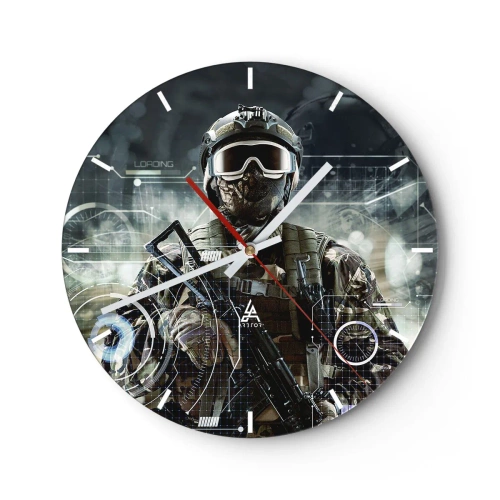 Wanduhr - Glasuhr - Die Figur eines Soldaten in moderner Ausrüstung vor dem Hintergrund technologischer Grafiken - 30x30cm - Macht zu Macht - Moderne Wanddekoration für Wohnzimmer, Küche und Schlafzimmer ARTTOR