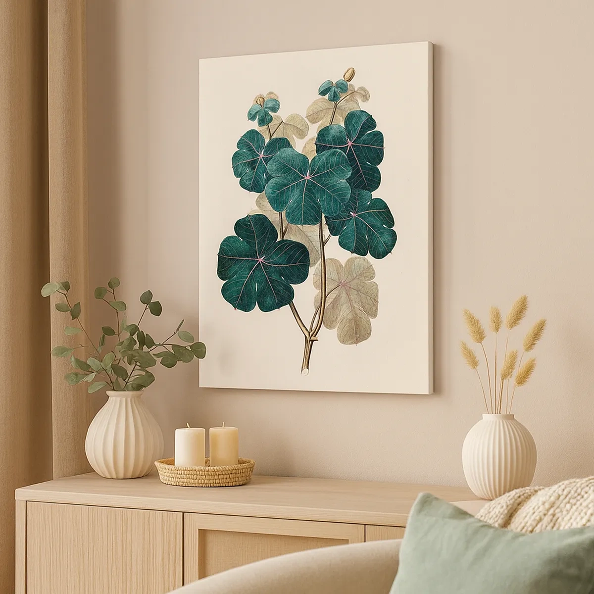 Bild auf Leinwand - Leinwandbild - Botanische Illustration mit Blättern in Grün- und Beigetönen - 50x70cm - Aus dem alten Herbarium - Moderne Wanddekoration für Wohnzimmer und Schlafzimmer ARTTOR