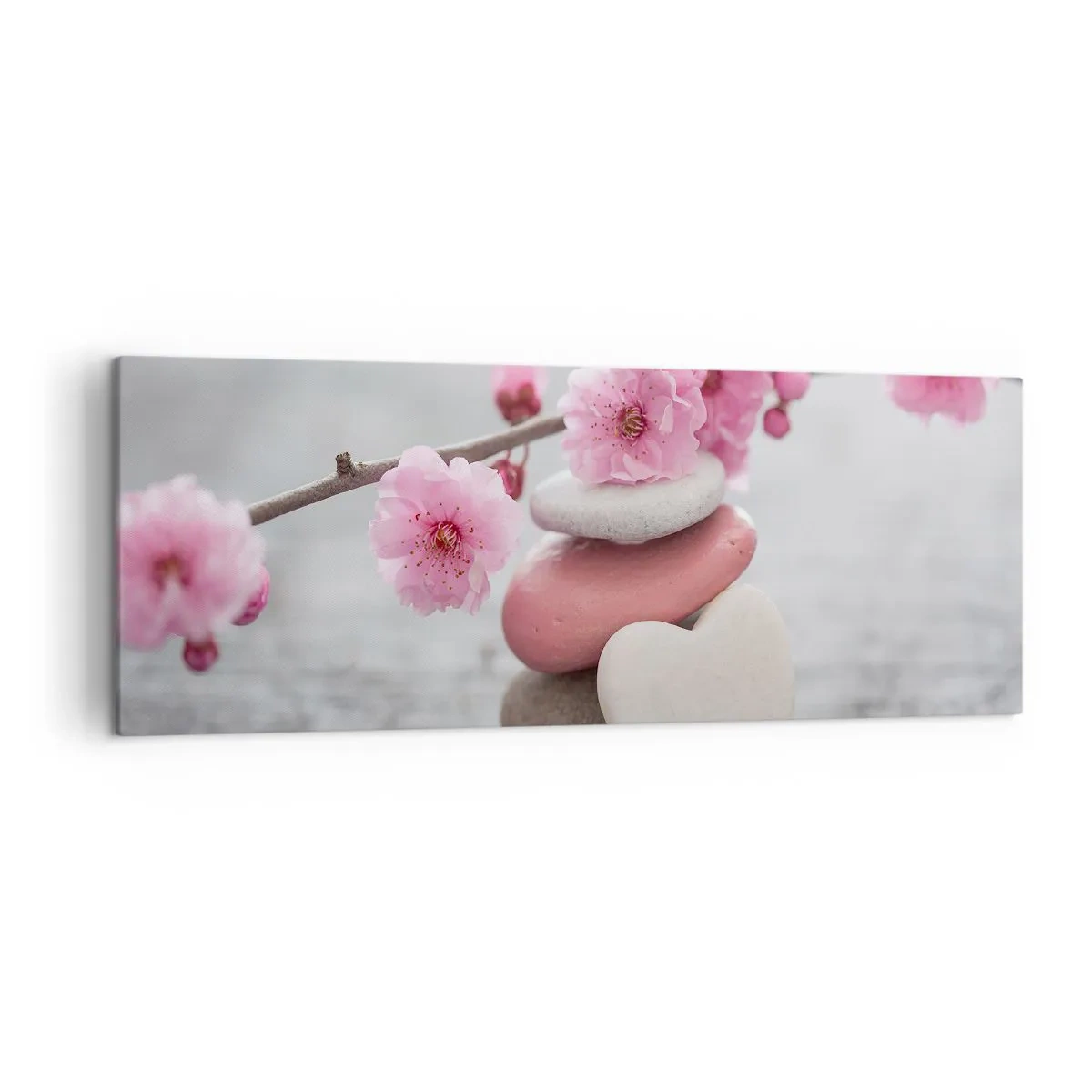 Bild auf Leinwand - Leinwandbild - Zarte Kirschblüten mit herzförmigen Steinen - 140x50cm - Glückseligkeit mit einer Kirschblüte - Moderne Wanddekoration für Wohnzimmer und Schlafzimmer ARTTOR