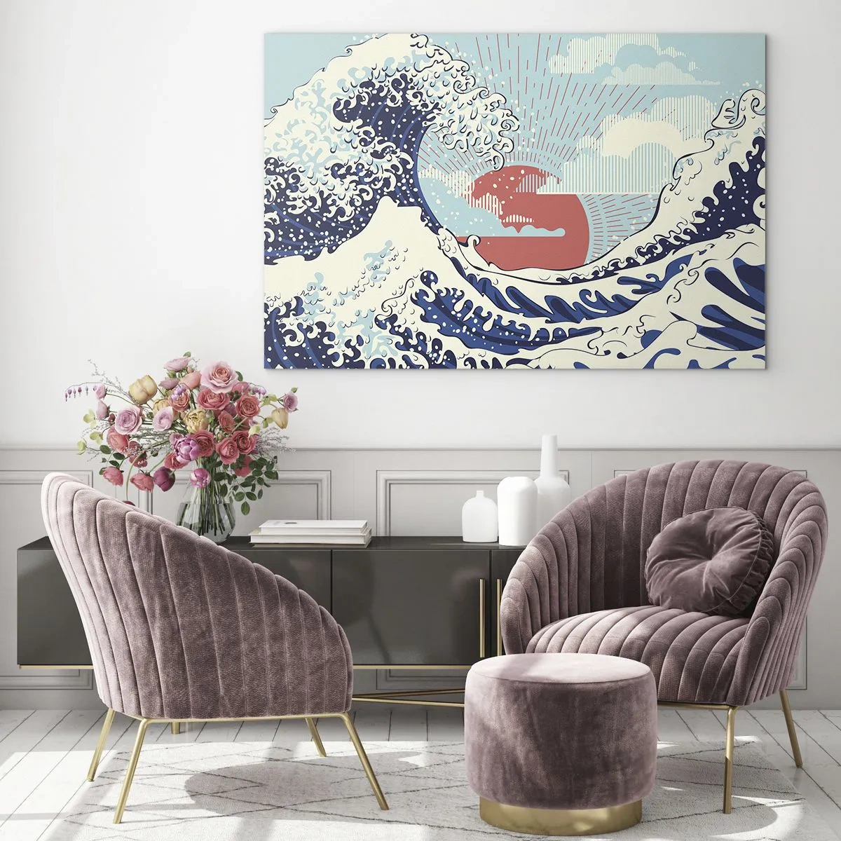 Glasbild - Bild auf glas - Eine stilisierte Welle, inspiriert von japanischer Kunst - 120x80cm - Von japanischer Inspiration - Moderne Wanddekoration für Wohnzimmer und Schlafzimmer ARTTOR