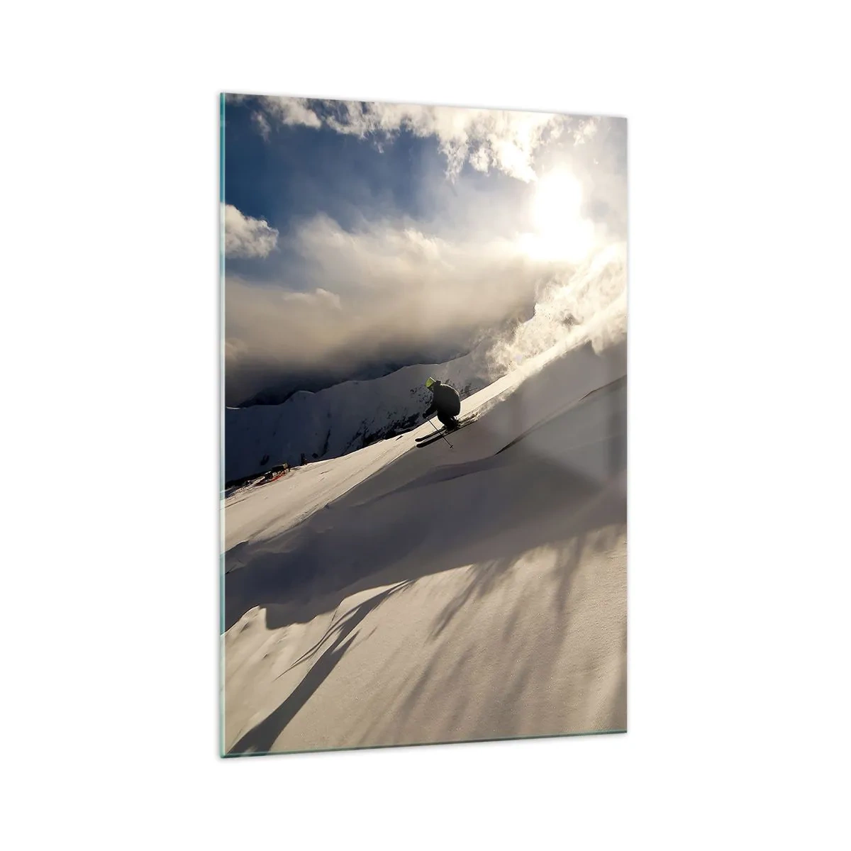 Glasbild - Bild auf glas - Ein Skifahrer auf einer Piste, umgeben von Bergen und Schnee - 70x100cm - Bergherausforderung angenommen - Moderne Wanddekoration für Wohnzimmer und Schlafzimmer ARTTOR