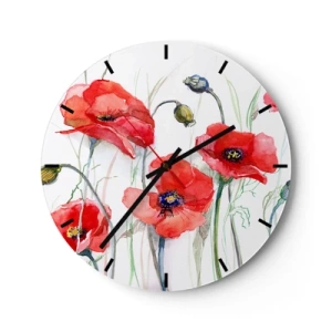 Wanduhr - Glasuhr - Ein Zifferblatt mit einem Aquarellmotiv aus roten Mohnblumen auf weißem Hintergrund. - 30x30cm - Polnische Blumen - Moderne Wanddekoration für Wohnzimmer, Küche und Schlafzimmer ARTTOR