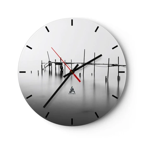 Wanduhr - Glasuhr - Ein minimalistischer Pier auf ruhigem Wasser in Grautönen - 30x30cm - Was ist, wenn es keine Welt gibt? - Moderne Wanddekoration für Wohnzimmer, Küche und Schlafzimmer ARTTOR