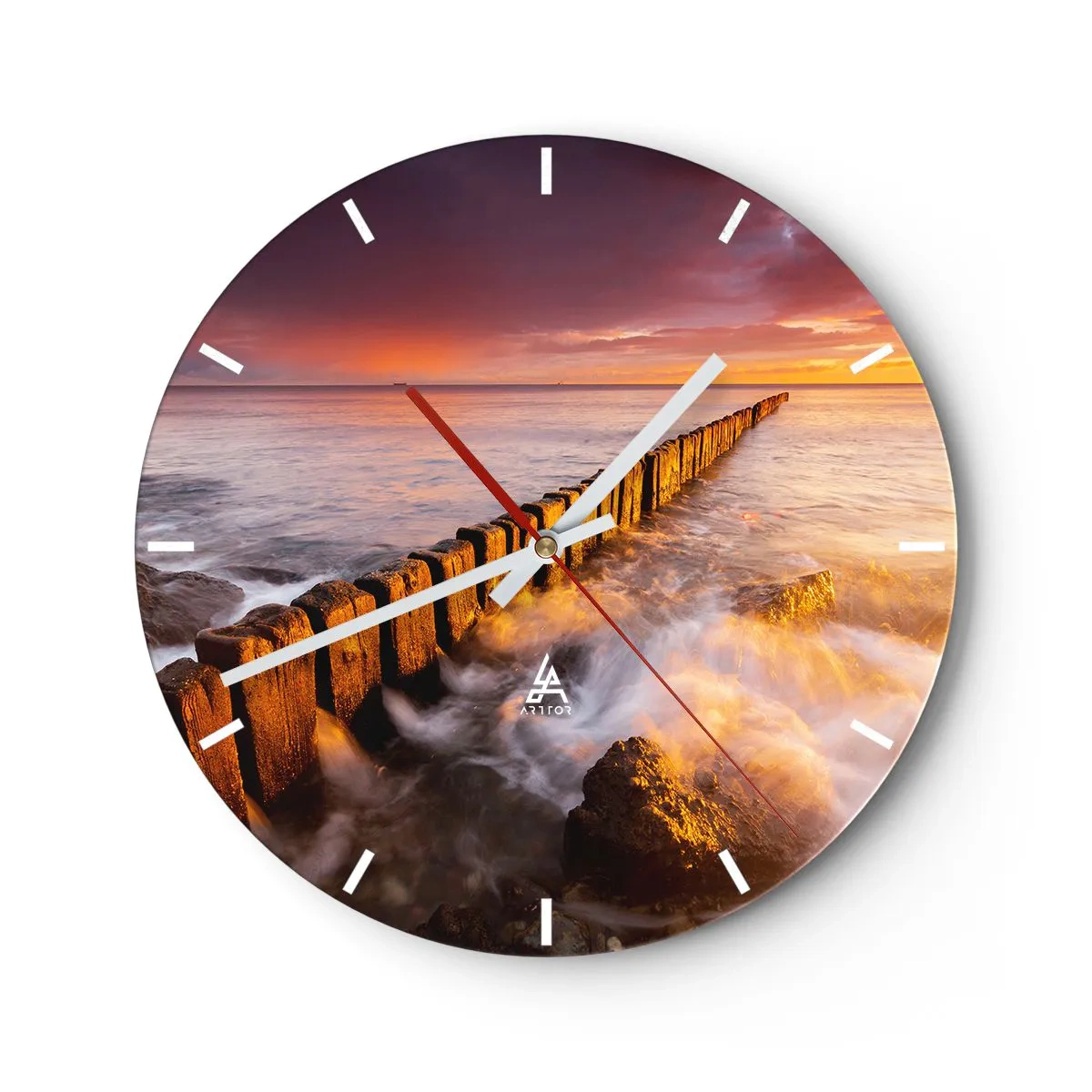 Wanduhr - Glasuhr - Sonnenuntergang über dem Meer mit einem Wellenbrecher - 30x30cm - Die Sanftheit der Wellen - Moderne Wanddekoration für Wohnzimmer, Küche und Schlafzimmer ARTTOR