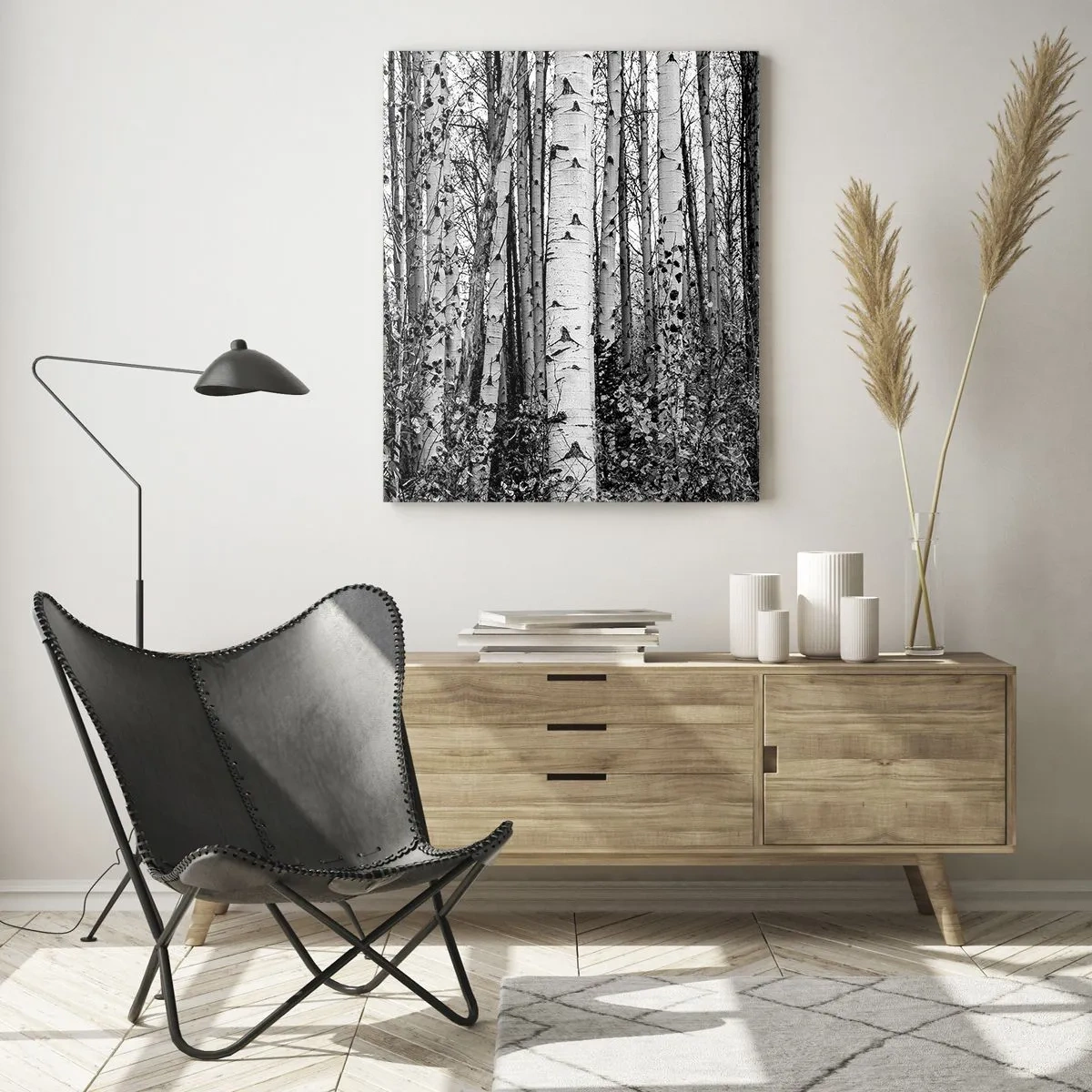 Glasbild - Bild auf glas - Schwarz-weiße Birken im Wald - 70x100cm - Birkenkolonnade - Moderne Wanddekoration für Wohnzimmer und Schlafzimmer ARTTOR