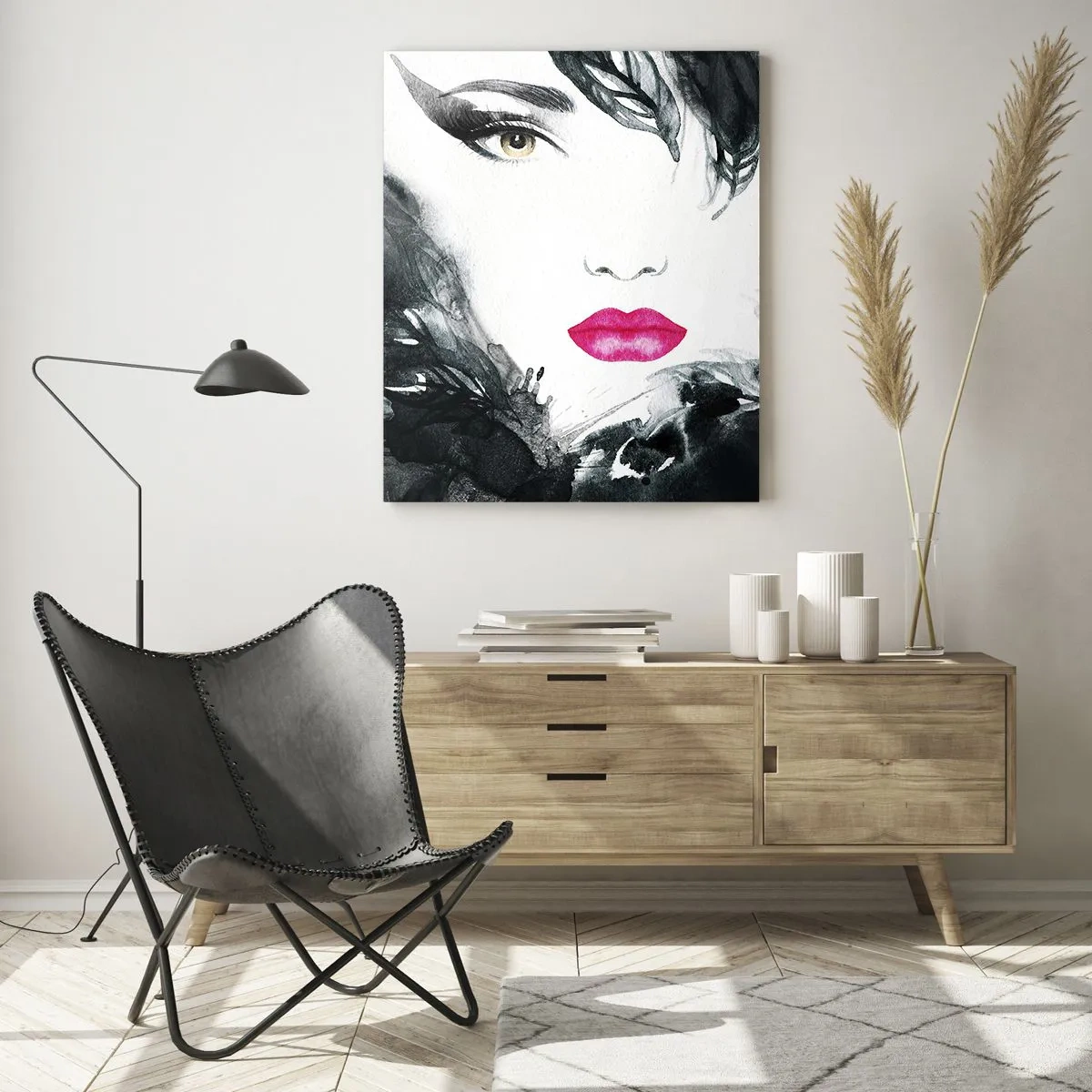 Glasbild - Bild auf glas - Künstlerisches Porträt einer Frau mit intensiv rosa Lippen - 70x100cm - Beachtung! Femme fatale - Moderne Wanddekoration für Wohnzimmer und Schlafzimmer ARTTOR