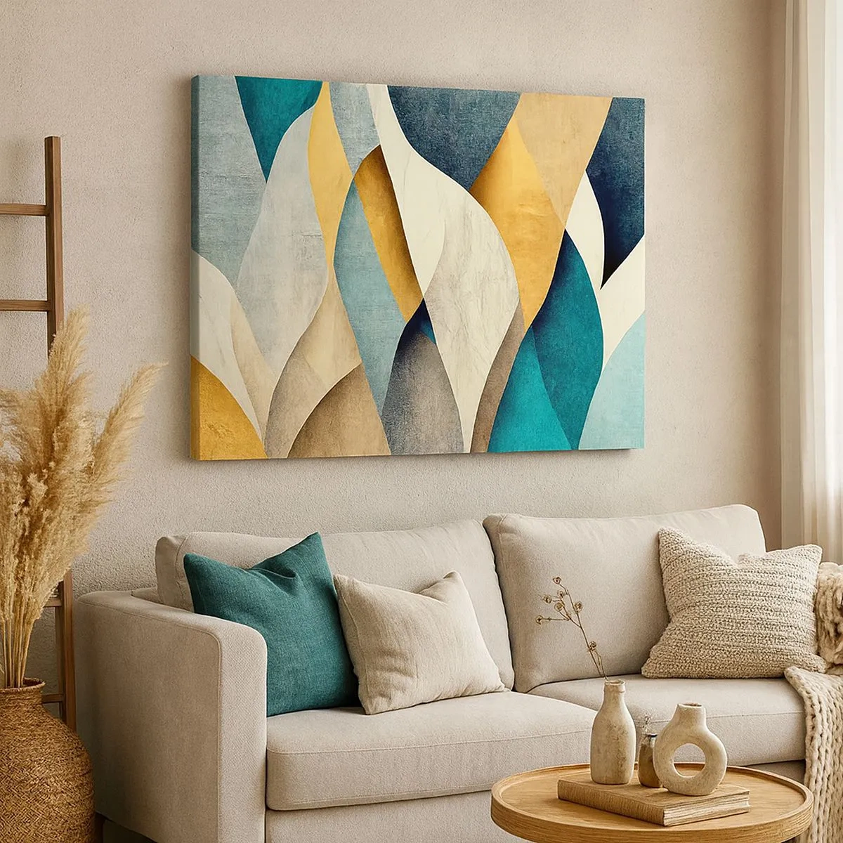 Bild auf Leinwand - Leinwandbild - Abstrakte Wellen in Blau- und Goldtönen - 70x50cm - Rhythmus und Welle - Moderne Wanddekoration für Wohnzimmer und Schlafzimmer ARTTOR